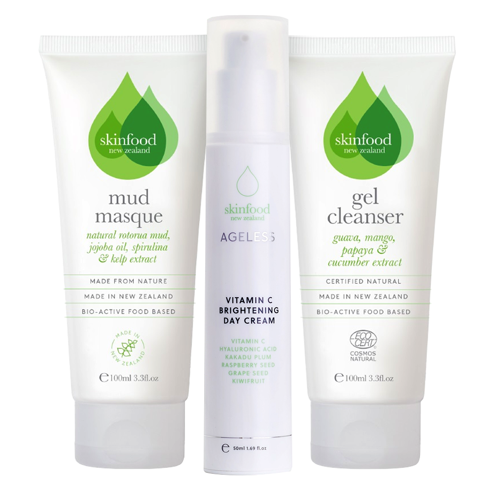SKINFOOD NZ Skincare Geschenkset - Gezichtsreiniger, Dagcrème & Gezichtsmasker - Voor Gemengde Huid - Moederdag Geschenkset