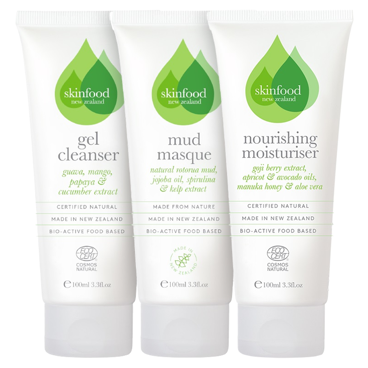 SKINFOOD NZ Skincare Geschenkset - Reinigingsgel, Hydraterende Crème & 2 Gezichtsmaskers - Voor Droge Huid