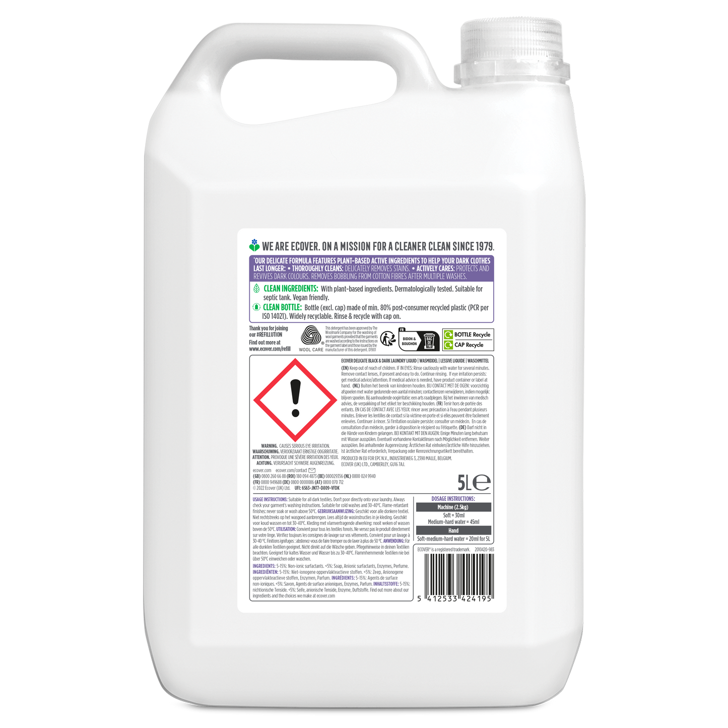 Ecover Wasmiddel Voordeelverpakking Zwart 5L - 111 Wasbeurten | Herstelt Donkere Kleur