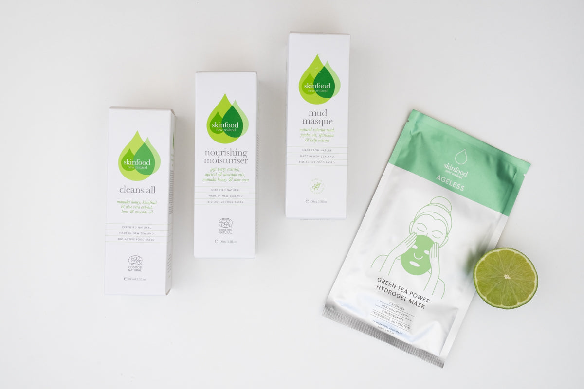 SKINFOOD NZ Skincare Geschenkset - Reinigingsgel, Hydraterende Crème & 2 Gezichtsmaskers - Voor Droge Huid