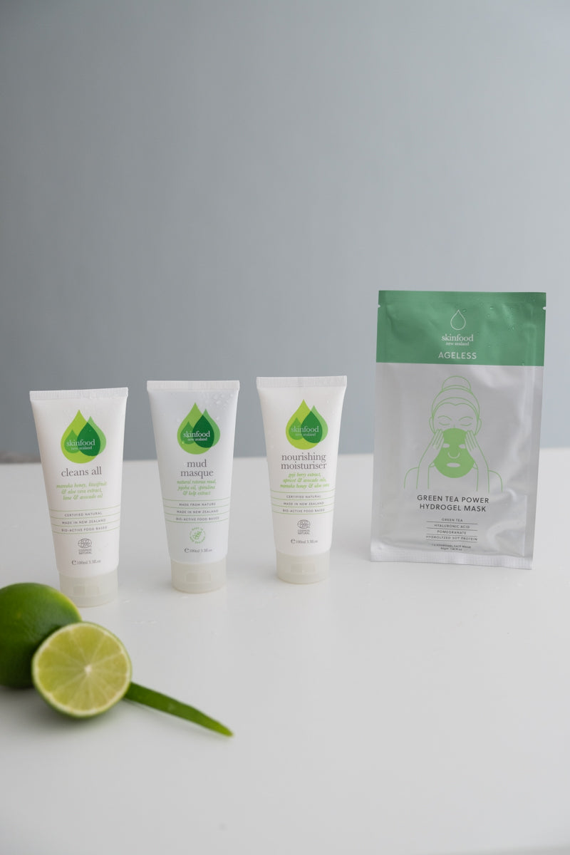 SKINFOOD NZ Skincare Geschenkset - Reinigingsgel, Hydraterende Crème & 2 Gezichtsmaskers - Voor Droge Huid