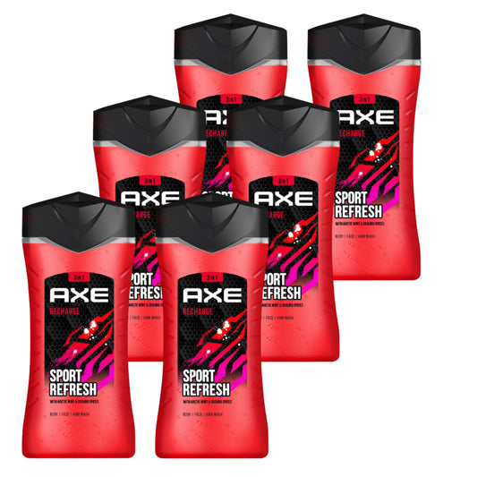 Axe - 3-in-1 Douchegel, Facewash & Shampoo Mannen-  Recharge Sport Refresh – 12 uur Lange Onweerstaanbare Frisse Geur van Artic Mint en Cool Spice -  Voordeelverpakking 6 x 250 ml
