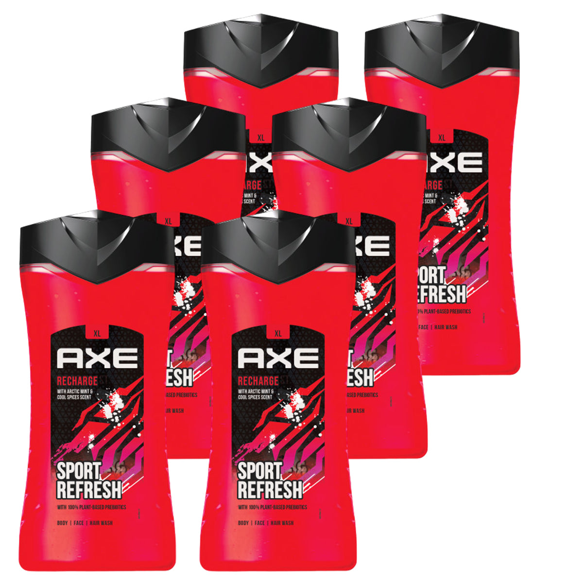 Axe - 3-in-1 Douchegel, Facewash & Shampoo Mannen -  Recharge Sport Refresh – 12 uur Lange Onweerstaanbare Frisse Geur van Artic Mint en Cool Spice -  Voordeelverpakking 6 x 400 ml